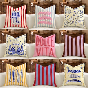 Mediterranean Summer Pillow Cover, Nautical Striped Pillowcase, Coastal Sardine Lobster Cushion Case, Whimsical Mermaid, Dolce Vita Decor