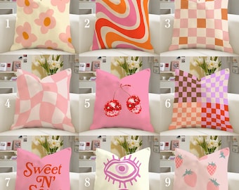 Capa de almofada dinamarquesa em tons pastel, capa de almofada rosa estilo preppy, almofada retrô descolada com ondas e xadrez, decoração estética para quarto, decoração para quarto de estudante