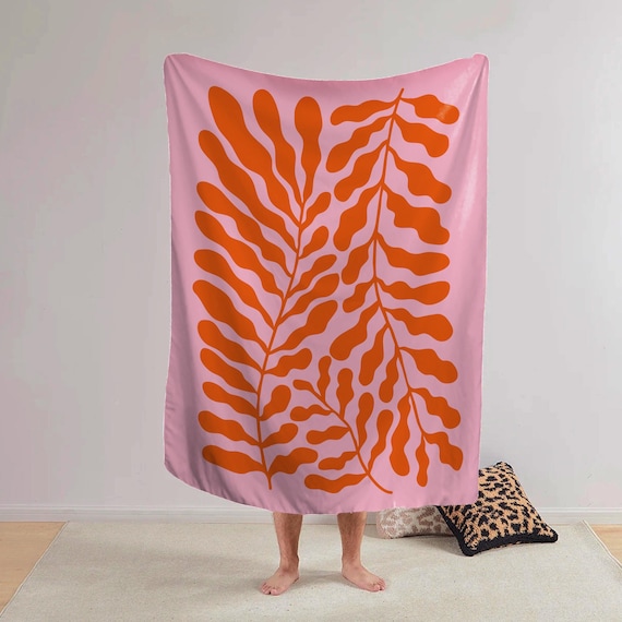 Pink Orange Botanical Tapestry, Matisse Inspired Fabric Wall Art