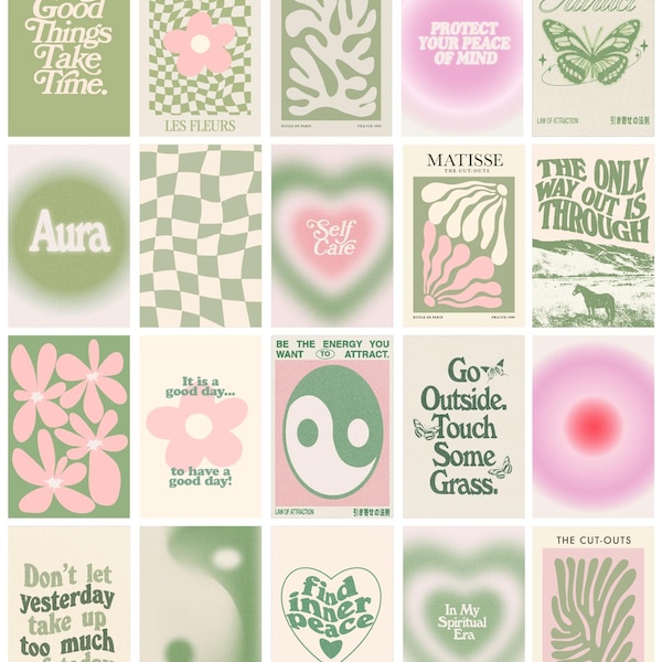 Danish Pastel Wall Collage 20pcs 4x6, Green Pink Preppy Room Decor, Cute Photos for Bedroom Dorm, Retro Quote Prints, Digital Download