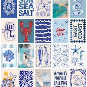 May include: A collage of blue and white coastal-themed illustrations. Images include seashells, a lobster, sardines, waves, starfish, a sailboat, and text that reads "Sun Sea Salt", "Good Luck", "East Coast", and "Amalfi Napoli Salerno Positano".