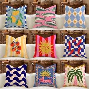 Dopamine Decor Throw Pillow Covers, Coastal Folk Art Pillowcase, Lemon Sardine Palm Tree, Eclectic Statement Cushion, Mix & Match Pillow Set