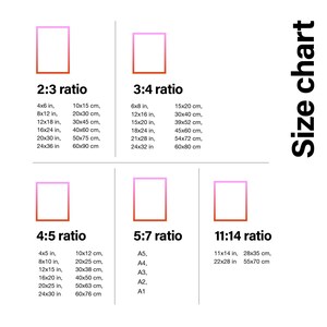 May include: A white size chart with pink-outlined rectangles displays various aspect ratios: 2:3, 3:4, 4:5, 5:7, and 11:14. Each ratio includes corresponding dimensions in inches and centimeters, such as 4x6 in (10x15 cm) and 6x8 in (15x20 cm). The text "Size chart" is in black.
