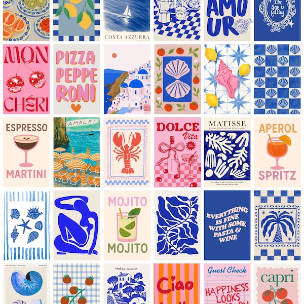 30pcs La Dolce Vita Digital Prints 4x6, Dopamine Kitchen Wall Art, Italian Summer Wall Collage, Food & Drink Posters, Digital Download