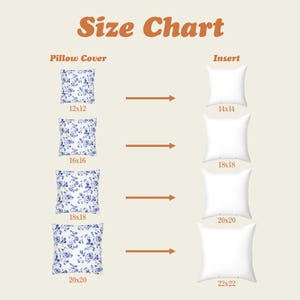 May include: Size chart for pillow covers and inserts. Pillow covers are available in 30x30, 40x40, 45x45, and 50x50 cm sizes, with corresponding insert sizes of 35x35, 45x45, 50x50, and 55x55 cm. The pillow covers have a blue floral pattern.