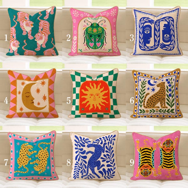 Folk Art Animal Velvet Pillow Cover, Eclectic Naïve Art Cushion with Gold Trim, Tiger Cheetah Pillow, Sun Celestial Colorful Sofa Cushion