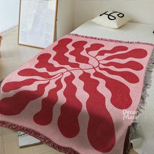 Pink Red Matisse Style Throw Blanket, Modern Botanical Art Tapestry,Abstract Leaf Sofa Woven Throw, Beach Picnic Fringed Blanket, Boho Decor