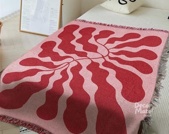 Rosa Rote Matisse Art Decke, Moderne Botanische Kunst Tapisserie, Abstrakte Blatt Sofa Gewebte Decke, Strand Picknick Fransen Decke, Boho Decor