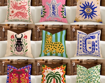 Eklektisches Dekokissen, Funky Folk Art Kissen, Boho Tiger Böses Auge Dekor, Maximalist Akzent Kissen, mystisches Kunstkissen