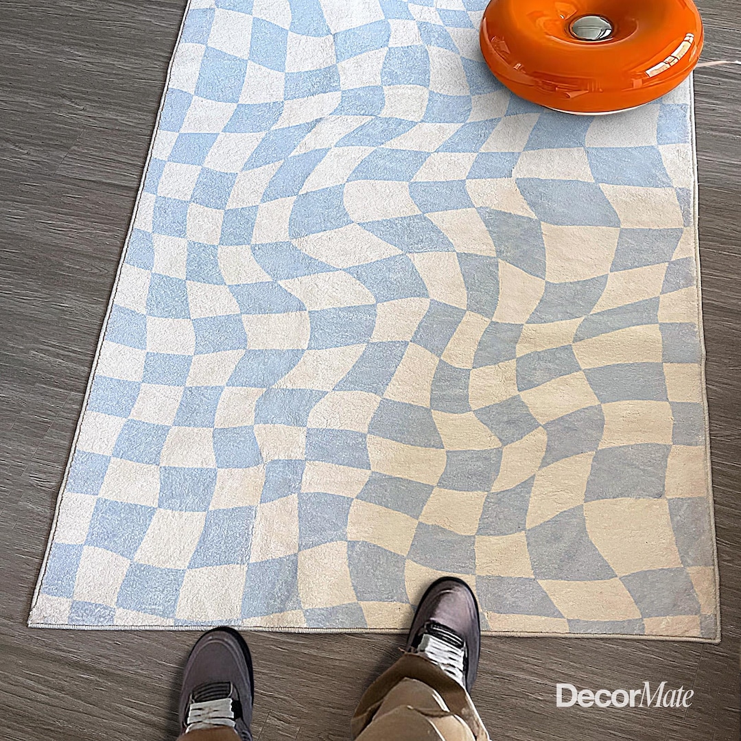 Wavy Blue Checkered Rug, Funky Area Rug, Danish Pastel Decor, Y2K Dorm ...
