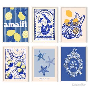 Conjunto de 6 estampas costeiras azuis, arte La Dolce Vita, decoração de verão italiana, estampas de sereia e estrela-do-mar em limão, decoração mediterrânea, download digital