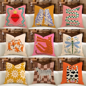 Eclectic Pink Orange Pillowcase, Earth Tone Whimsical Folk Art Cushion, Dopamine Decor, Maximalist Throw Pillows, Colorful Vibrant Accents