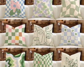 Sage Green Pillow Cover, Danish Pastel Cushion Case, Funky Checkerboard Flower Pillow, Retro Butterfly Art, Aesthetic Room Decor