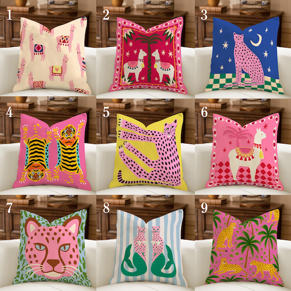 Funky Animal Pillow Cover, Eclectic Folk Art Cushion, Boho Llama, Pink Leopard Decor, Maximalist Dopamine Decor, Colorful Sofa Cushion