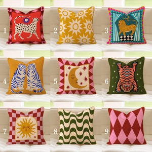 Maximalistische Zirkus Kissenbezugskollektion, Eklektisches Mid Century Kissen mit Goldrand, Tiger Gepard Kissenbezug, Sun Celestial Sofa Accent