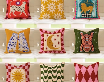Maximalist Circus Pillow Cover Collection, Eclectic Mid Century Cushion with Gold Trim, Tiger Cheetah Pillowcase, Sun Celestial Sofa Accent