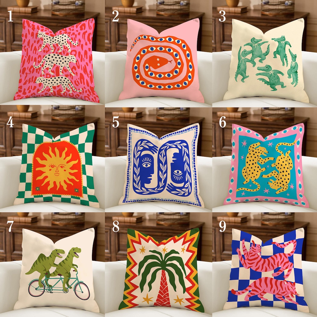 Whimsical Folk Art Pillowcase Collection, Quirky Dopamine Decor Cushion, Indie Room Accent, Eclectic Naïve Art Cushion, Tiger Cheetah Pillow