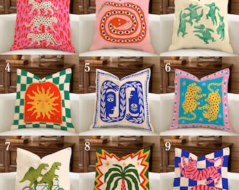 Whimsical Folk Art Pillowcase Collection, Quirky Dopamine Decor Cushion, Indie Room Accent, Eclectic Naïve Art Cushion, Tiger Cheetah Pillow