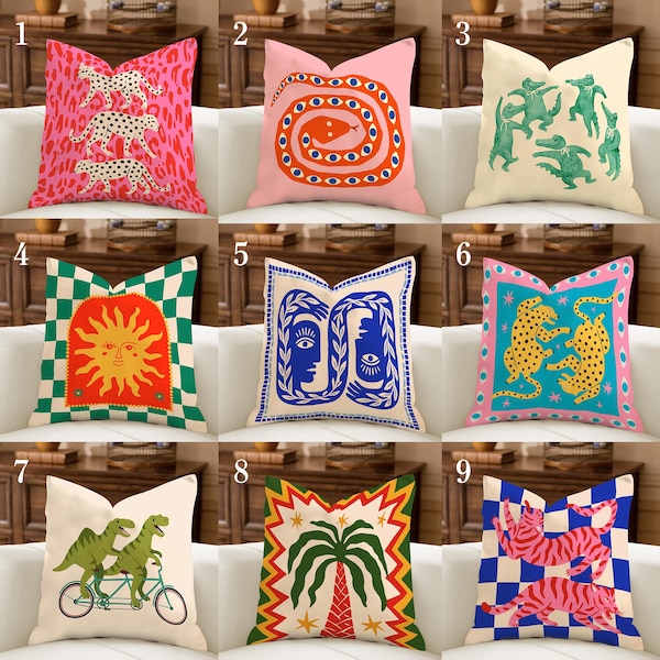 Whimsical Folk Art Pillowcase Collection, Quirky Dopamine Decor Cushion, Indie Room Accent, Eclectic Naïve Art Cushion, Tiger Cheetah Pillow