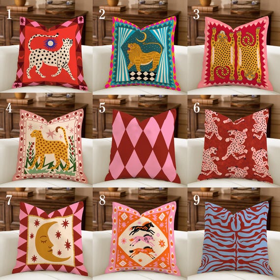 Whimsical Circus Pillow Cover, Maroon Pink Maximalist Decor, Boho Animal Cushion Case, Eclectic Folk Art Pillowcase, Harlequin Nursery Decor