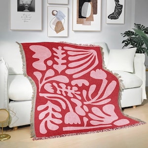 Pink Red Matisse Woven Throw Blanket, Abstract Leaf Sofa Throw, Beach Picnic Fringed Blanket, Modern Botanical Art Tapestry, Boho Decor
