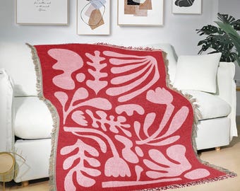 Rosa Rot Matisse gewebte Decke, abstrakte Blatt-Sofa-Überwurf, Strand-Picknick-Decke, moderne botanische Kunst, Boho-Dekor