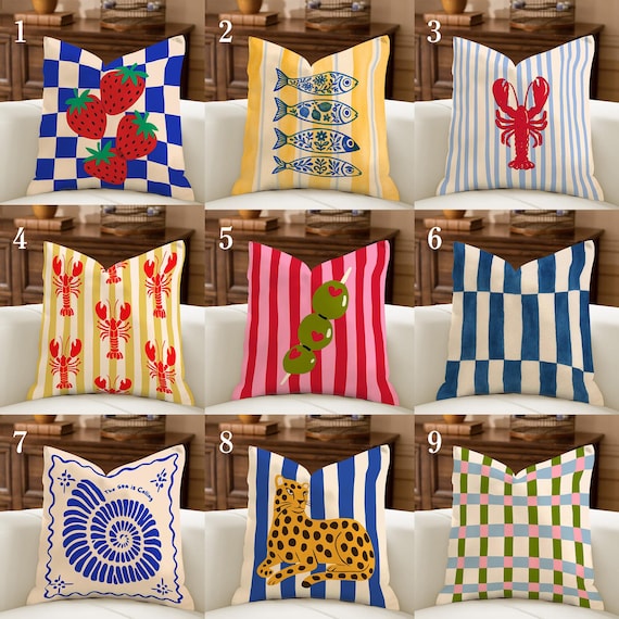 Eclectic Coastal Pillow Covers, Mediterranean Decor, French Country Aesthetic, Maximalist Throw Pillow, Lobster Fish Martini Olive