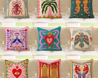 Maximalist Mexican Folk Art Pillow Covers, Gold Trim, Colorful Boho Bird Cushion Cases, Tropical Parrot Jaguar Toucan Beetle
