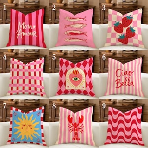 Küsten-Chic-Kissenbezüge, Rosa-Rot-Mittelmeer-Dekor, Dekokissen mit Sardinen-Hummer, Eklektische Maximalist-Akzentkissen