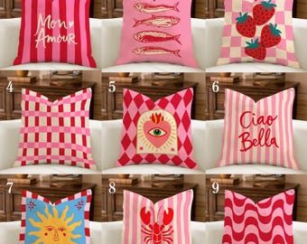 Coastal Chic Throw Pillow Covers, Pink Red Mediterranean Decor, Sardine Lobster Decorative Cushions, Eclectic Maximalist Accent Pillows