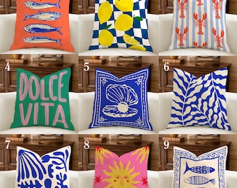 Mediterranean Throw Pillow, Coastal & Dolce Vita Pillow Collection, Lemon Lobster Sardine Art, Funky Modern Beach House Decor