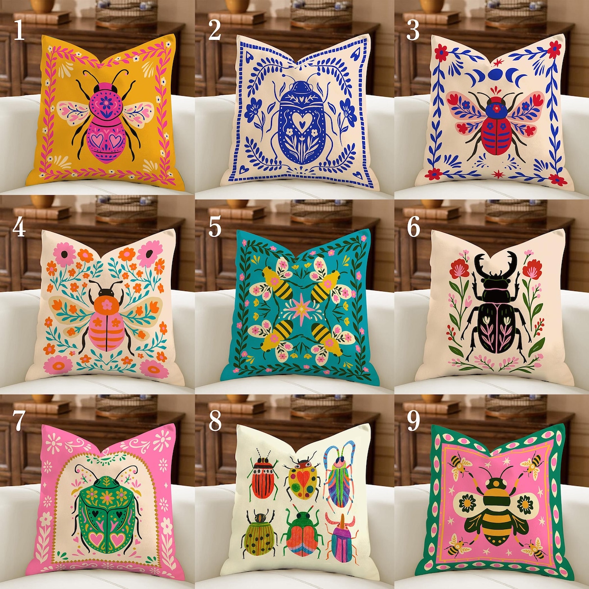 Vibrant Folk Art Beetle Pillow Cover