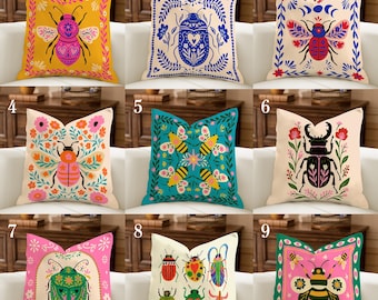 Vibrant Folk Art Beetle Pillow Cover, Bohemian Cottagecore Decor, Eclectic Home Accent Cushion, Whimsical Insect Pillow, Dopamine Decor