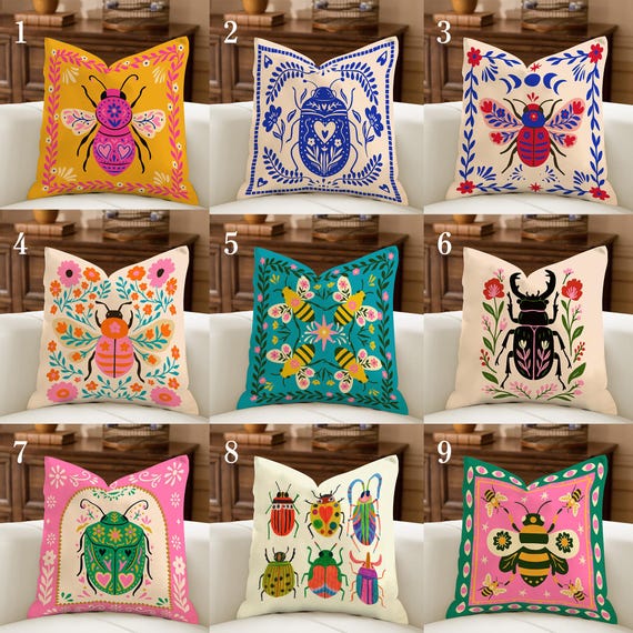 Vibrant Folk Art Beetle Pillow Cover, Bohemian Cottagecore Decor, Eclectic Home Accent Cushion, Whimsical Insect Pillow, Dopamine Decor