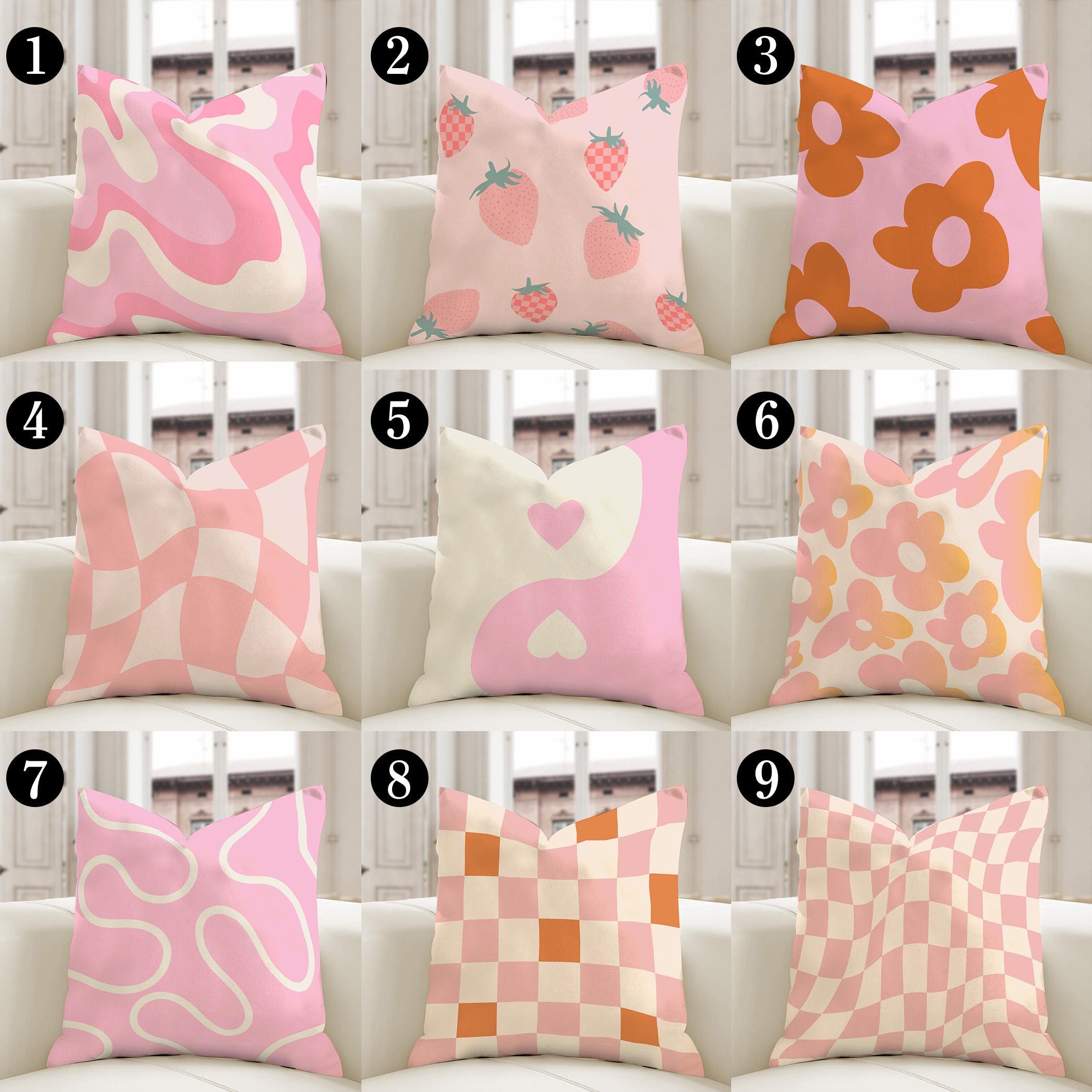 Danish Pastel Pillow Cover, Pink Preppy Cushion Case, Groovy Retro Wavy & Checkerboard Pillow, Aesthetic Room Decor, Dorm Bedroom Decor