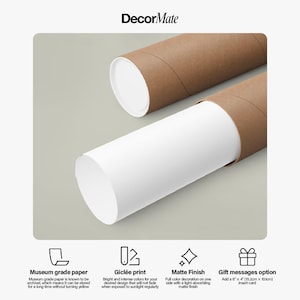 May include: Two brown cardboard tubes with white end caps, one partially open to reveal a rolled-up white print. The image includes text that reads "DecorMate", and details about the print quality, including "Museum grade paper" and "Gicl&eacute;e print."