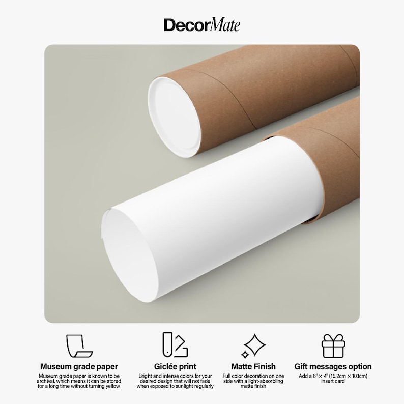 May include: Two brown cardboard tubes with white end caps, one partially open to reveal a rolled-up white print. The image includes text that reads "DecorMate", and details about the print quality, including "Museum grade paper" and "Gicl&eacute;e print."