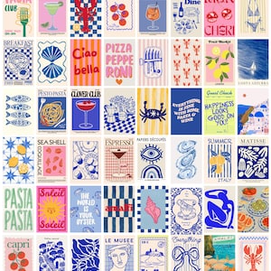 Puede incluir: Una colección de coloridas láminas artísticas con diversos temas, incluyendo comida, viajes y citas. Las láminas presentan ilustraciones de cócteles, pasta, limones y escenas italianas, con una estética vintage.