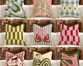 Funky Earth Tone Throw Pillowcase, Maximalist Pink Green Cushion Covers, Eclectic Home Decor, Tiger Leopard Mermaid Folk Art Pillowcase