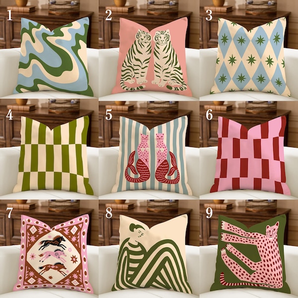 Funky Earth Tone Throw Pillowcase, Maximalist Pink Green Cushion Covers, Eclectic Home Decor, Tiger Leopard Mermaid Folk Art Pillowcase