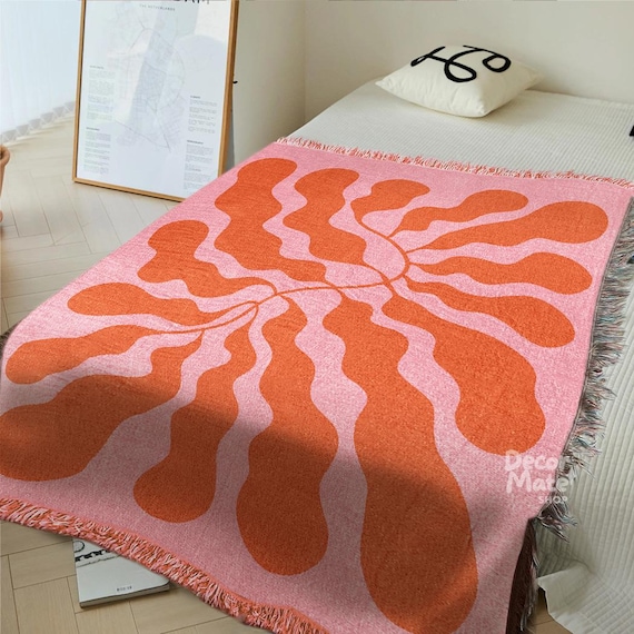 Rosa Orange Matisse Decke, Abstrakter Blatt gewebter Sofa-Überwurf, Strand-Picknick-Decke, moderne botanische Kunst, Boho-Dekor