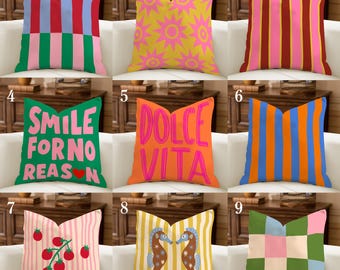 Dopamine Decor Pillow Cover, Eclectic Coastal Beach House Cushion, Trendy Colorful Summer Checkered & Striped Accent Pillowcase