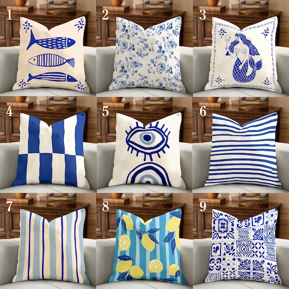 Blue Coastal Throw Pillow Cover, Nautical Mediterranean Decor