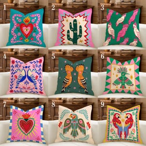 Mexican Folk Art Pillowcase, Vibrant Tropical Bird Art, Colorful Sacred Heart Throw Pillow, Cactus Toucan Parrot, Maximalist Home Decor