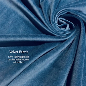 May include: Close-up of teal velvet fabric with soft folds. The text "Velvet Fabric" is displayed, along with details about the material: 100% lightweight and durable polyester, soft microfiber.