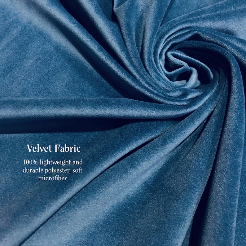 May include: Close-up of teal velvet fabric with soft folds. The text "Velvet Fabric" is displayed, along with details about the material: 100% lightweight and durable polyester, soft microfiber.