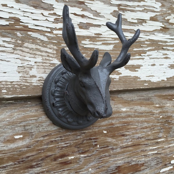 Cast Iron Wall Decor - Deer Head Hook - Gray distressed