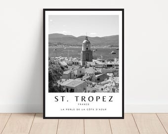 Pôster em preto e branco de St. Tropez – Arte de parede minimalista com arquitetura, impressão francesa