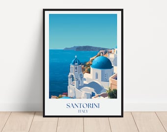 Santorini Travel Poster Wall Art – Greek Skyline Print, Greece Home Decor