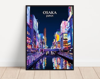 May include: A framed art print of Osaka, Japan, at night. The image shows a canal lined with buildings illuminated by neon lights. The words "OSAKA JAPAN" are printed at the top of the image. The water reflects the colorful lights.